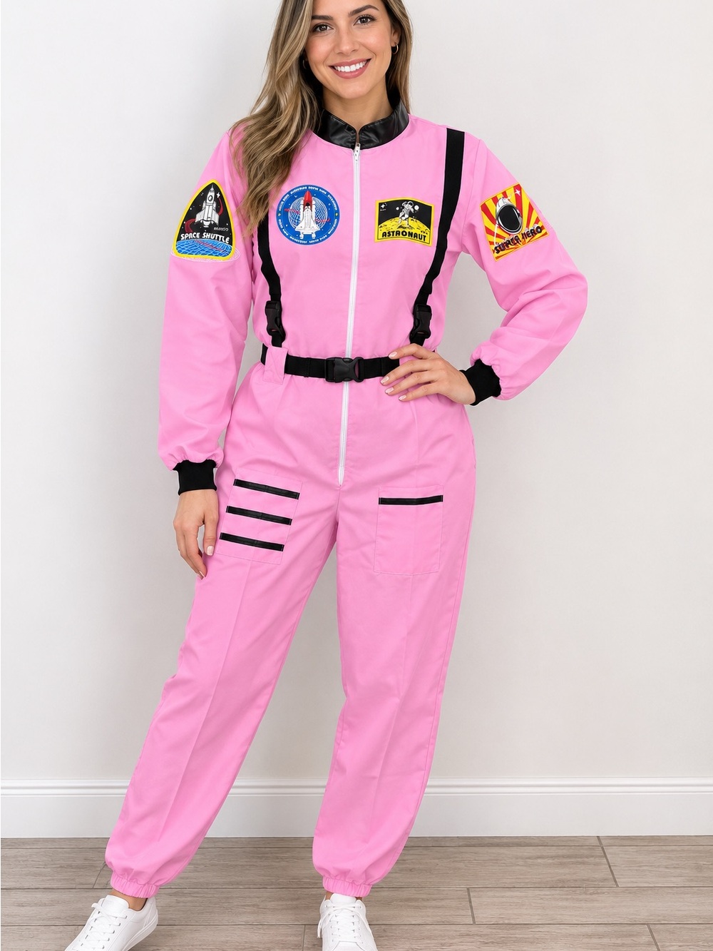 Women's Astronaut Costume Jumpsuit Pink/Black Size S Polyester Stretch Halloween
